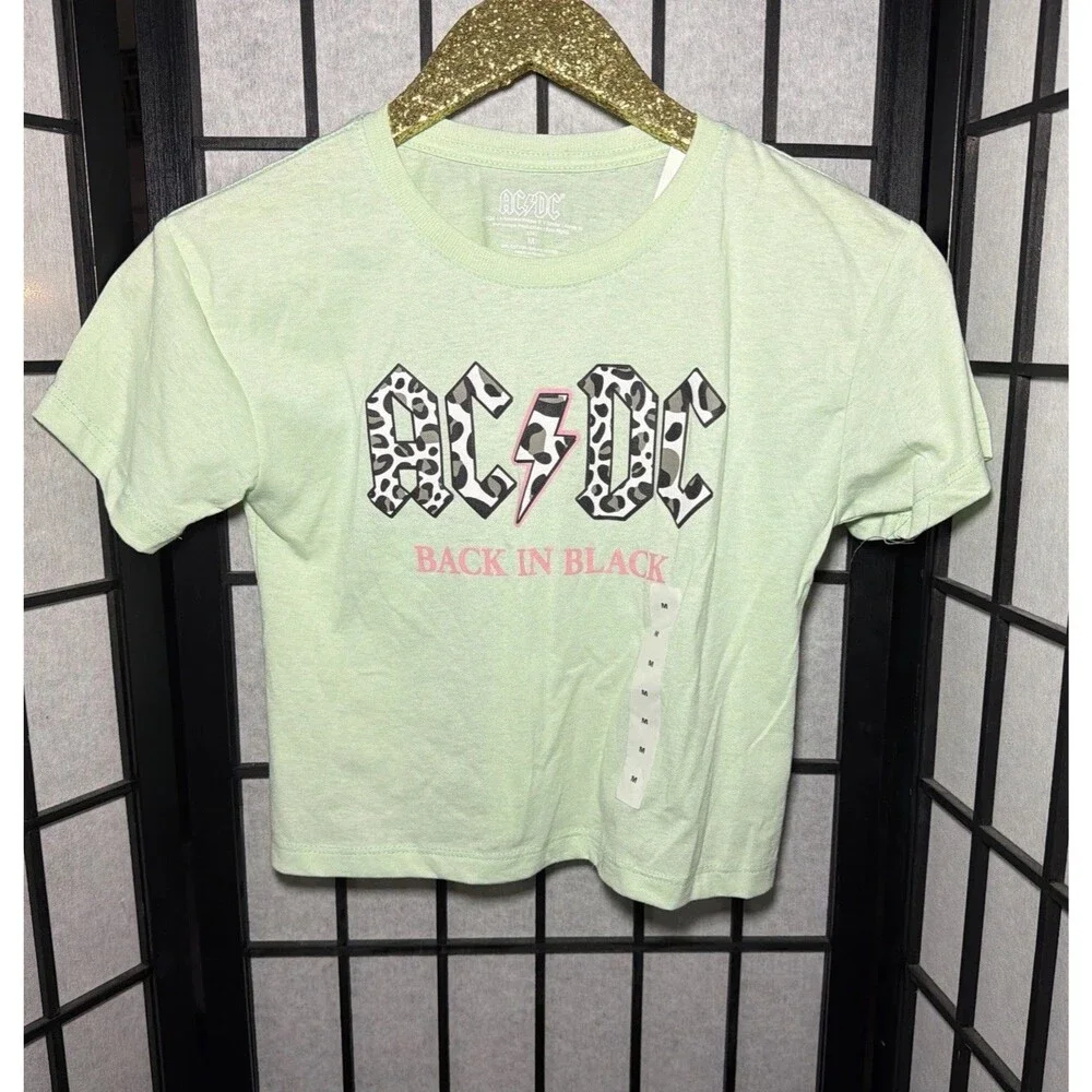 NEW GIRLS SAGE GREEN ACDC AC/DC‎ CROPPED T-SHIRT SIZE Medium 8